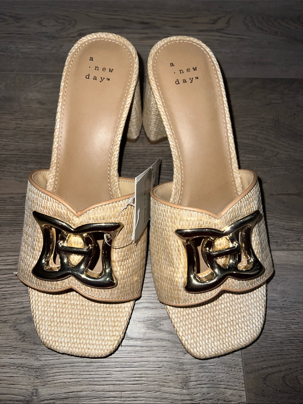 a new day Cream Raffia Block Heel Mules with Gold Logo Accent